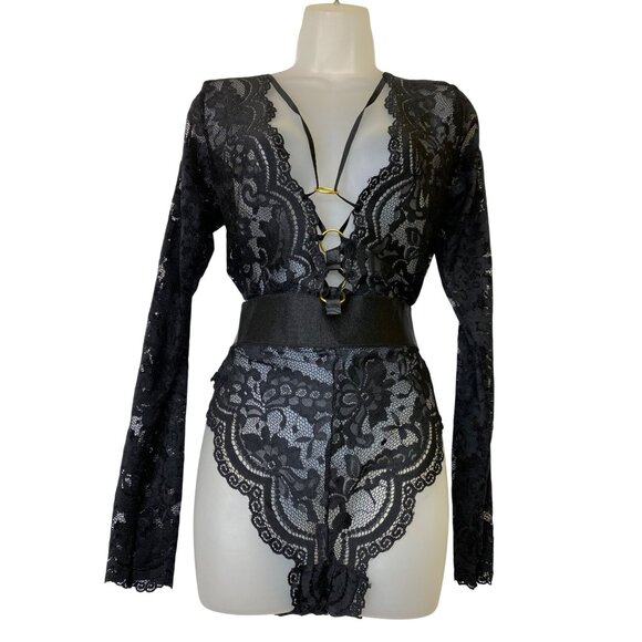 Black Lace XL Long Sleeve Stretch Bodysuit Gold Accents Goth Sexy Vamp Victorian - Picture 1 of 5